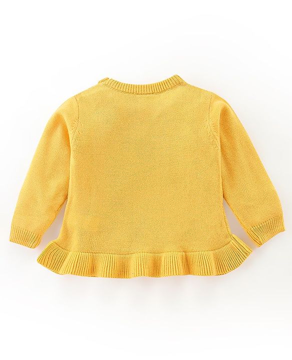 Babyhug Full Sleeves Sweater With Frill Detailing & Floral Embroidery- Yellow