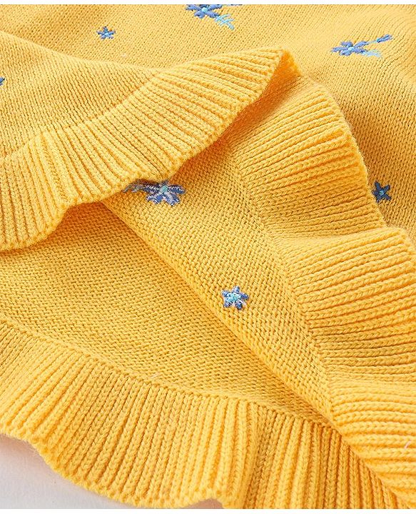 Babyhug Full Sleeves Sweater With Frill Detailing & Floral Embroidery- Yellow