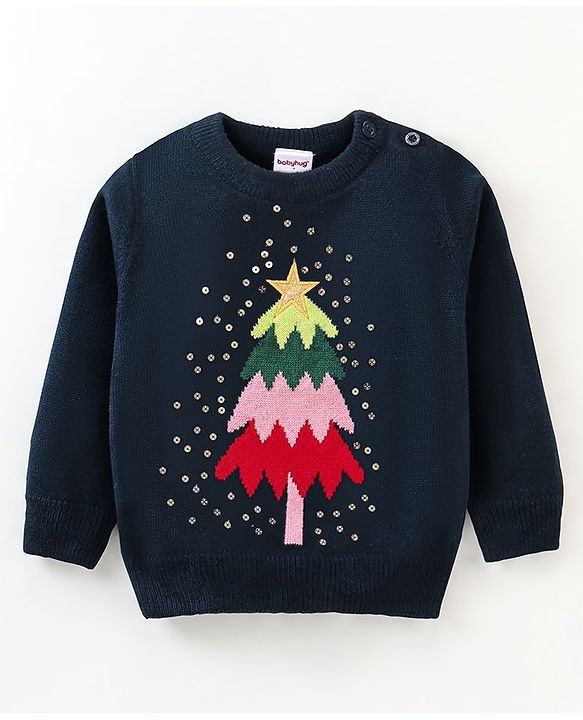 Babyhug Knit Full Sleeves Sweater Christmas Tree Design With Sequin Embroidery- Navy Blue