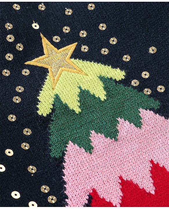 Babyhug Knit Full Sleeves Sweater Christmas Tree Design With Sequin Embroidery- Navy Blue