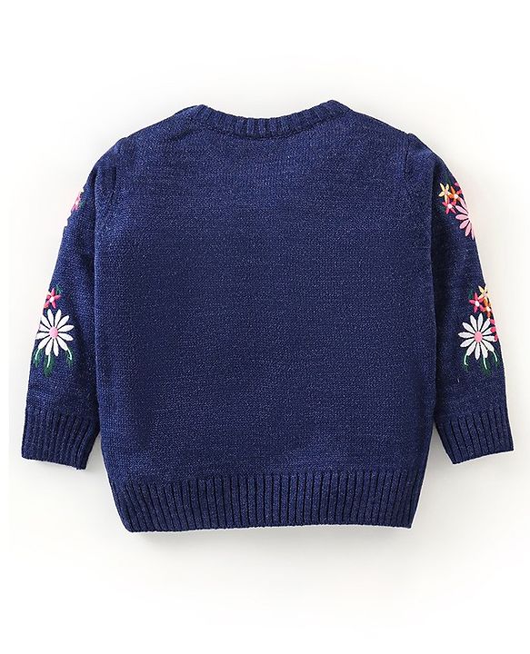 Babyhug Knit Full Sleeves Sweater Floral Design- Navy Blue