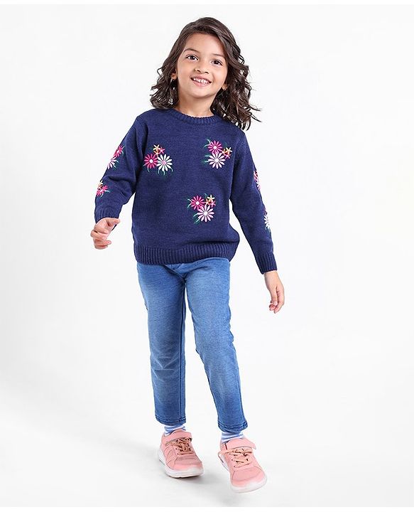 Babyhug Knit Full Sleeves Sweater Floral Design- Navy Blue