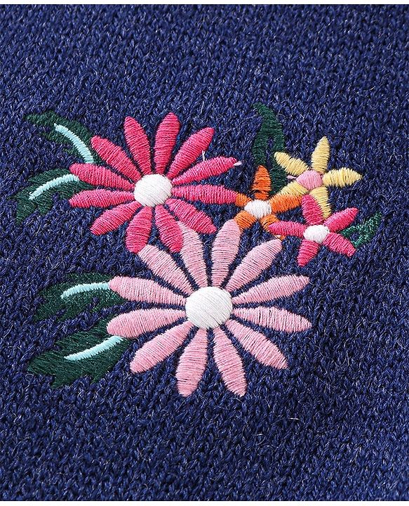 Babyhug Knit Full Sleeves Sweater Floral Design- Navy Blue