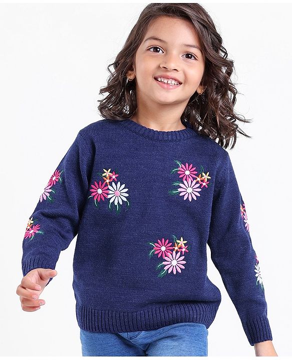 Babyhug Knit Full Sleeves Sweater Floral Design- Navy Blue
