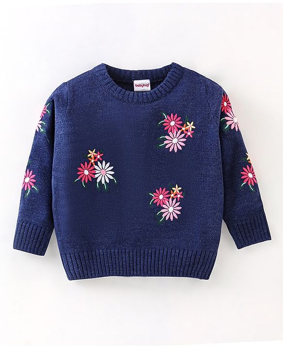 Babyhug Knit Full Sleeves Sweater Floral Design- Navy Blue