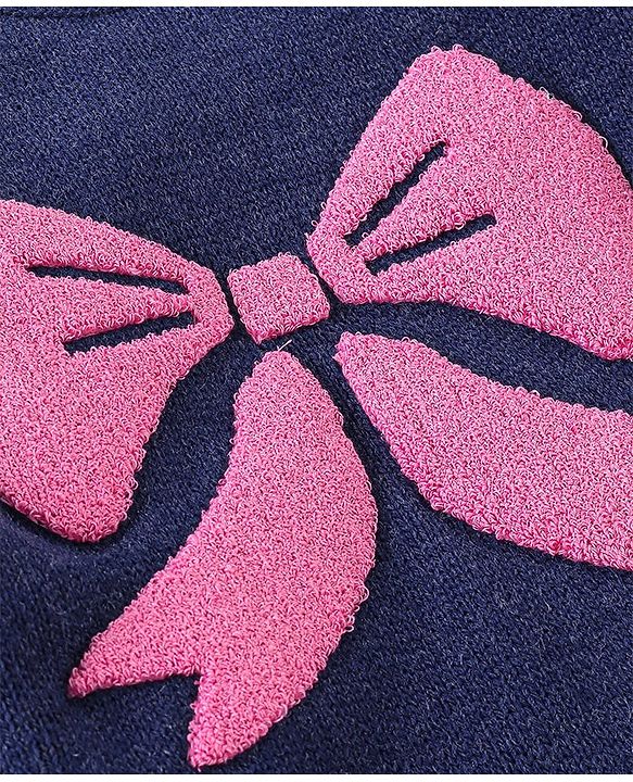 Babyhug Knit Full Sleeves Sweater Bow Design- Navy Blue & Pink