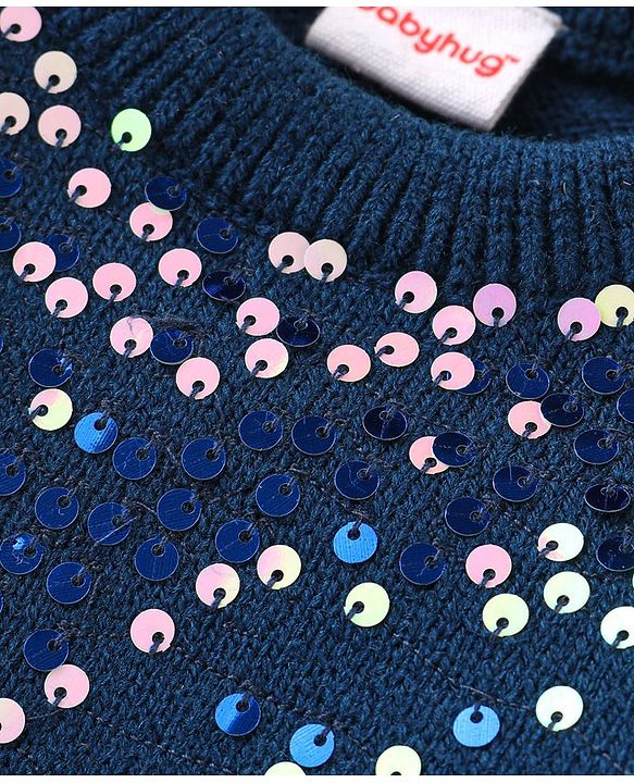 Babyhug Knit Full Sleeves Sequins Sweater - Blue