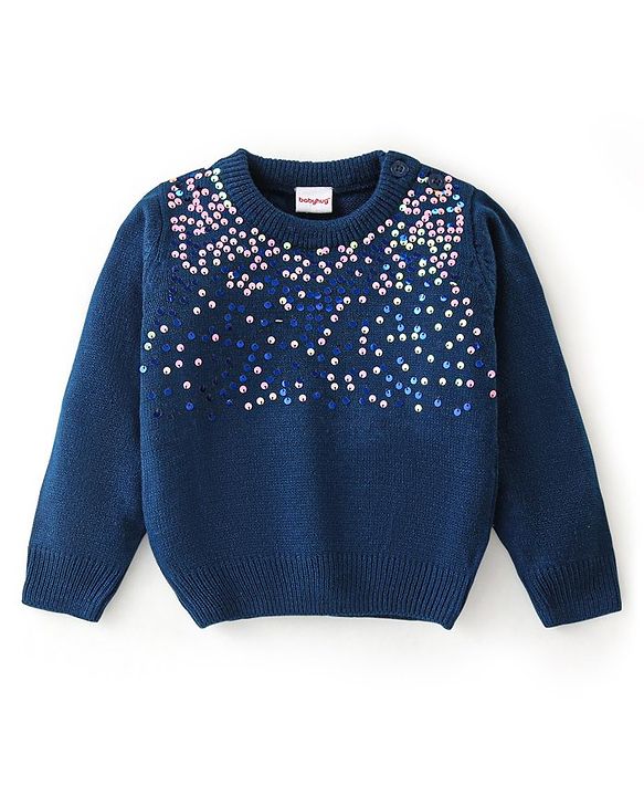 Babyhug Knit Full Sleeves Sequins Sweater - Blue