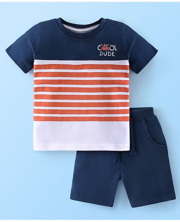 Babyhug 100% Cotton Knit Half Sleeves T-Shirt and Shorts Set Stripes & Cool Dude Print - Blue