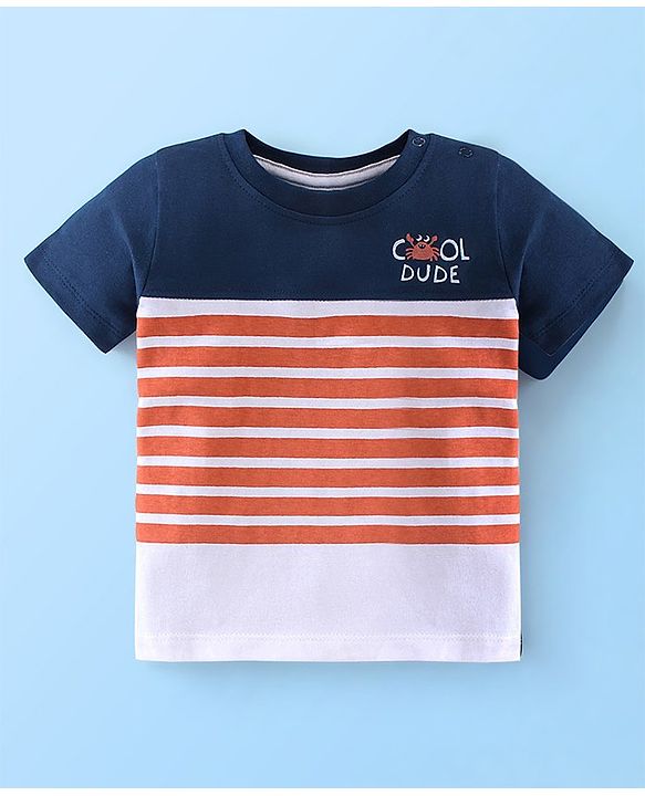 Babyhug 100% Cotton Knit Half Sleeves T-Shirt and Shorts Set Stripes & Cool Dude Print - Blue