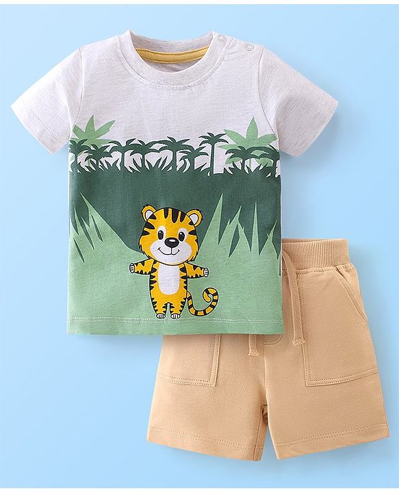 Babyhug Cotton Knit Half Sleeves T-Shirt and Shorts Set Jungle Print - Green & Brown
