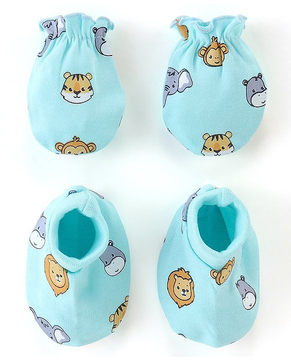 Babyhug 100% Cotton Animal Printed Mittens & Booties Set - Blue