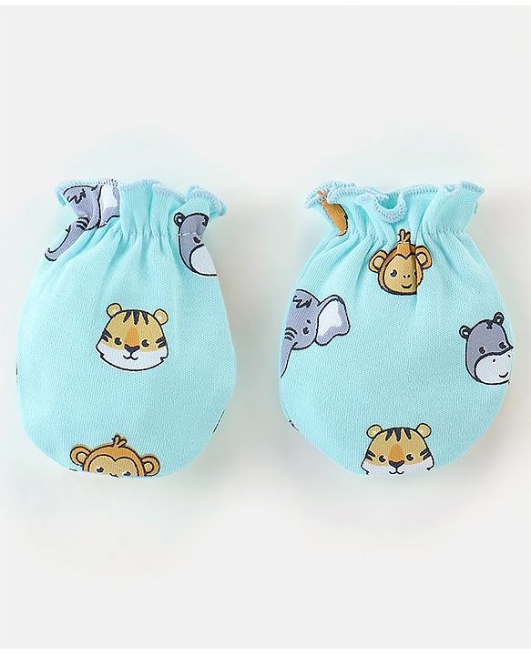 Babyhug 100% Cotton Animal Printed Mittens & Booties Set - Blue