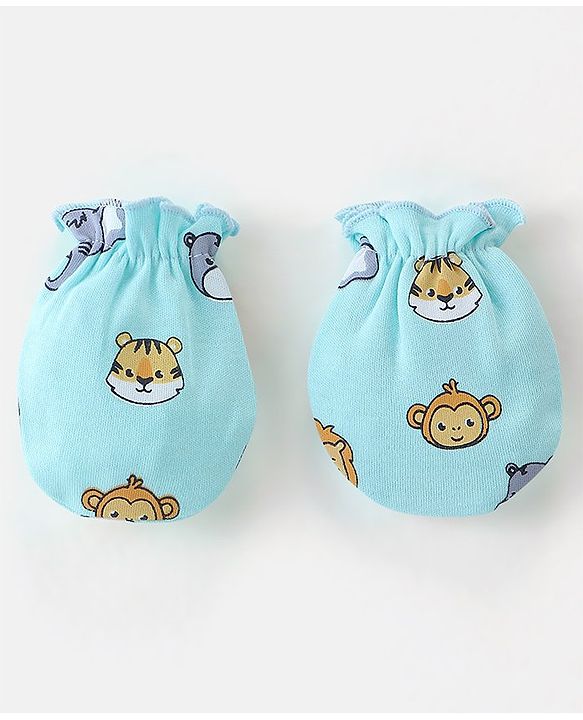 Babyhug 100% Cotton Animal Printed Mittens & Booties Set - Blue