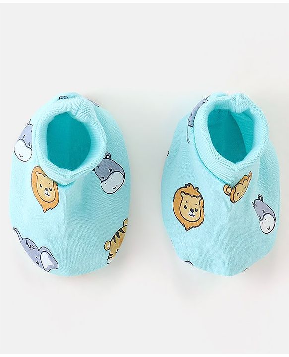 Babyhug 100% Cotton Animal Printed Mittens & Booties Set - Blue