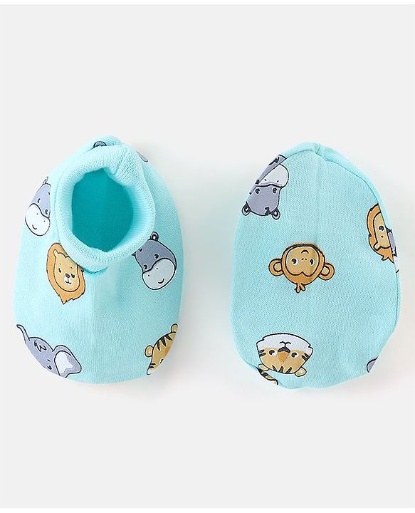 Babyhug 100% Cotton Animal Printed Mittens & Booties Set - Blue