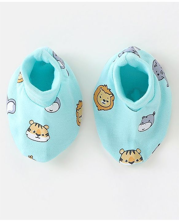 Babyhug 100% Cotton Knit Cap Mitten & Booties Set Lion Print Blue - Diameter 9.5 cm