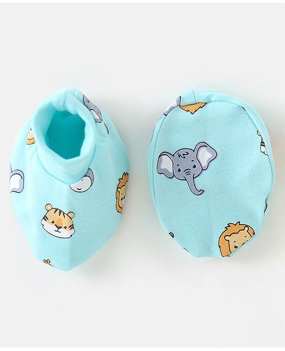 Babyhug 100% Cotton Knit Cap Mitten & Booties Set Lion Print Blue - Diameter 9.5 cm