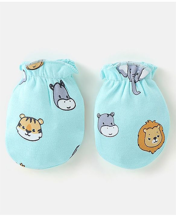 Babyhug 100% Cotton Knit Cap Mitten & Booties Set Lion Print Blue - Diameter 9.5 cm