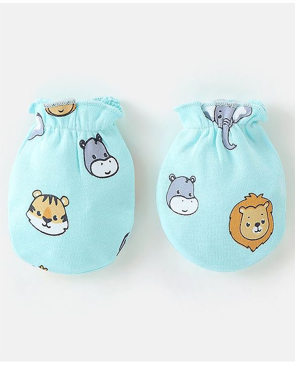 Babyhug 100% Cotton Knit Cap Mitten & Booties Set Lion Print Blue - Diameter 9.5 cm