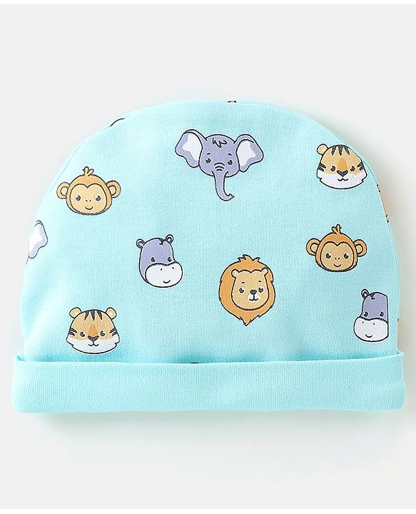 Babyhug 100% Cotton Knit Cap Mitten & Booties Set Lion Print Blue - Diameter 9.5 cm