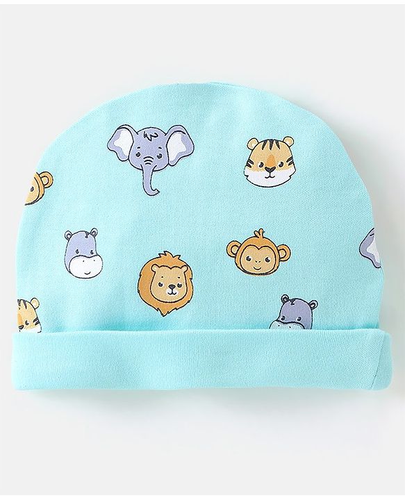 Babyhug 100% Cotton Knit Cap Mitten & Booties Set Lion Print Blue - Diameter 9.5 cm