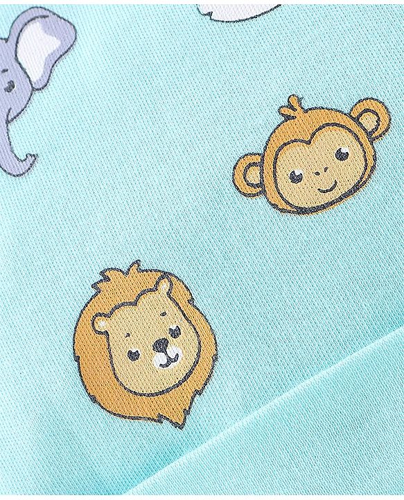 Babyhug 100% Cotton Knit Cap Mitten & Booties Set Lion Print Blue - Diameter 9.5 cm