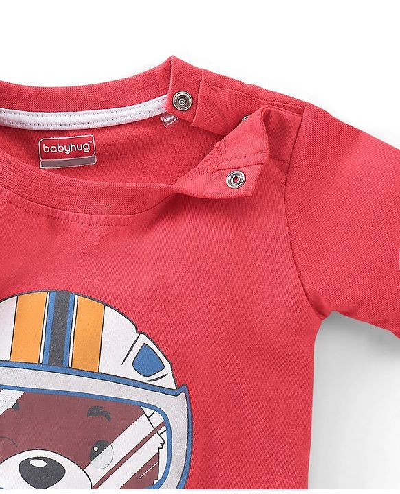 Babyhug Cotton Half Sleeves T-Shirt & Shorts Set Bear Print- Red & White