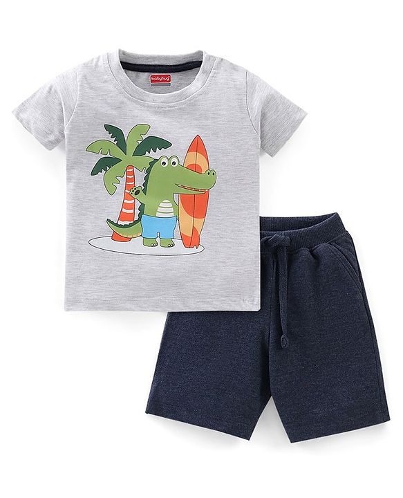 Babyhug Cotton Half Sleeves T-Shirt & Shorts Set Croc Print- Black & White Melange