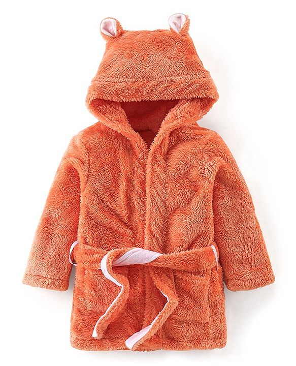Babyhug Velour Knit Full Sleeves Hooded Bath Robe With Ear Flaps- Orange
