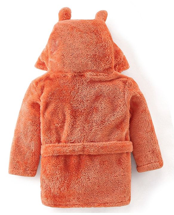 Babyhug Velour Knit Full Sleeves Hooded Bath Robe With Ear Flaps- Orange