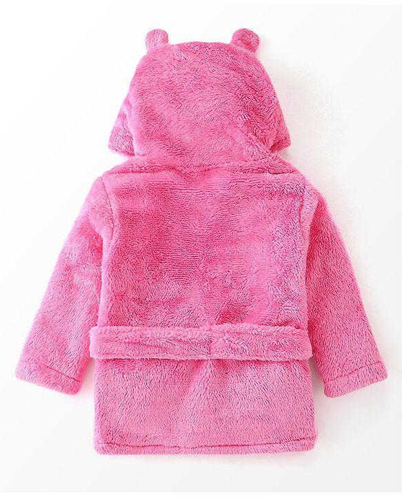 Babyhug Cotton Knit Full Sleeves Solid Color Velour Bath Robe with Hood - Hot Pink