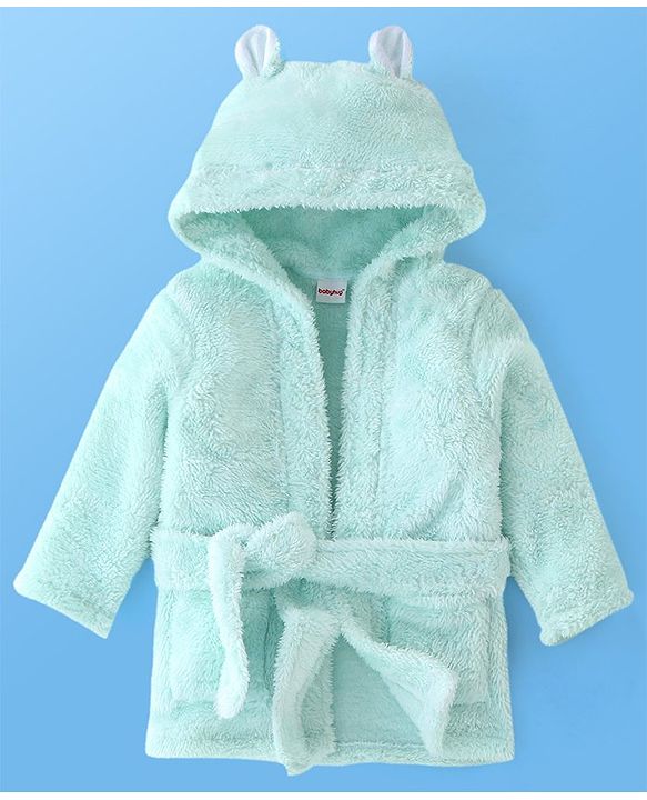 Babyhug Knit Full Sleeves Solid Color Velour Bath Robe with Hood - Aqua Blue
