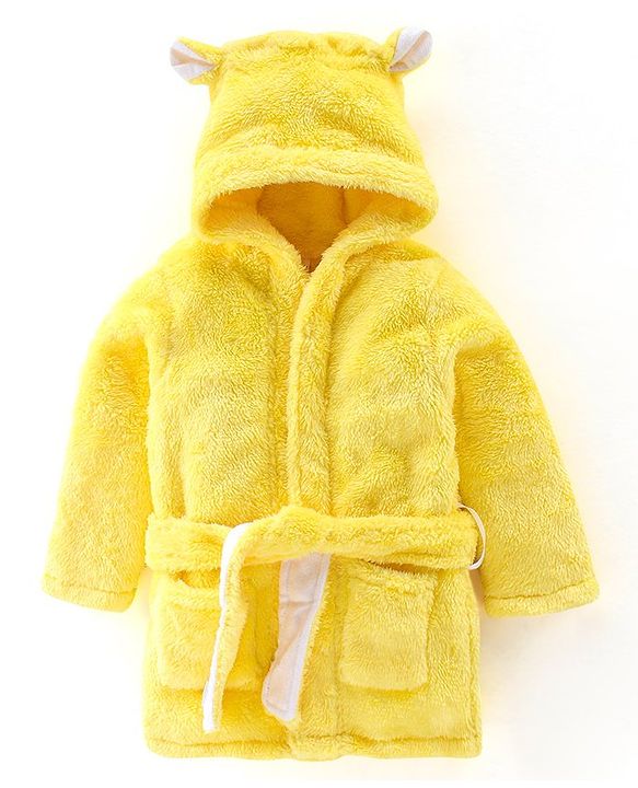 Babyhug Velour Knit Full Sleeves Hooded Bath Robe With Ear Flaps- Yellow