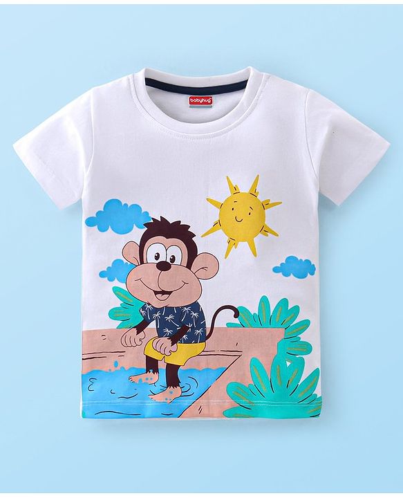 Babyhug Single Jersey Knit Half Sleeves T-Shirt & Shorts Set Monkey Print - White & Blue