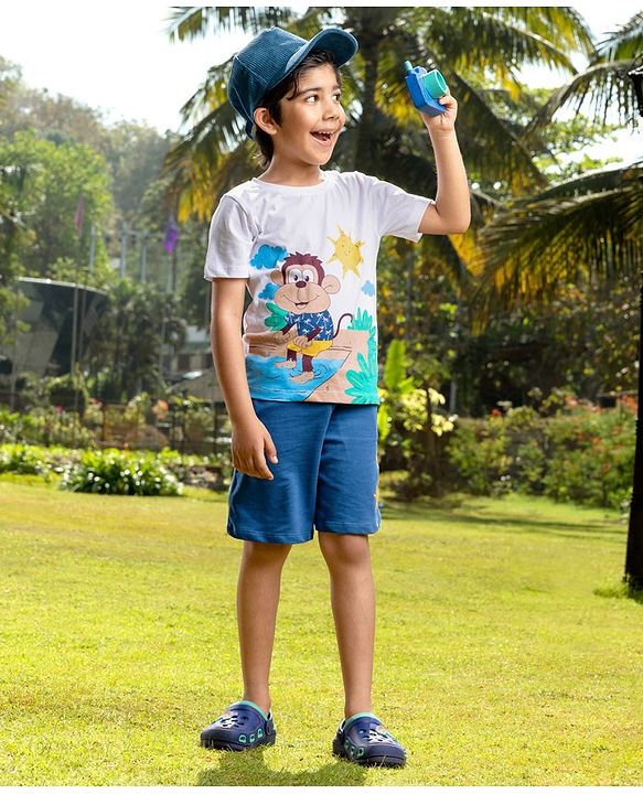 Babyhug Single Jersey Knit Half Sleeves T-Shirt & Shorts Set Monkey Print - White & Blue