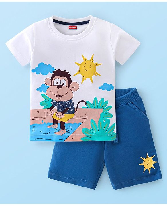 Babyhug Single Jersey Knit Half Sleeves T-Shirt & Shorts Set Monkey Print - White & Blue