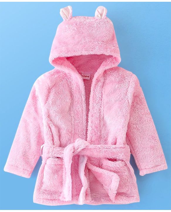 Babyhug Cotton Knit Full Sleeves Solid Color Velour Bath Robe with Hood - Pink