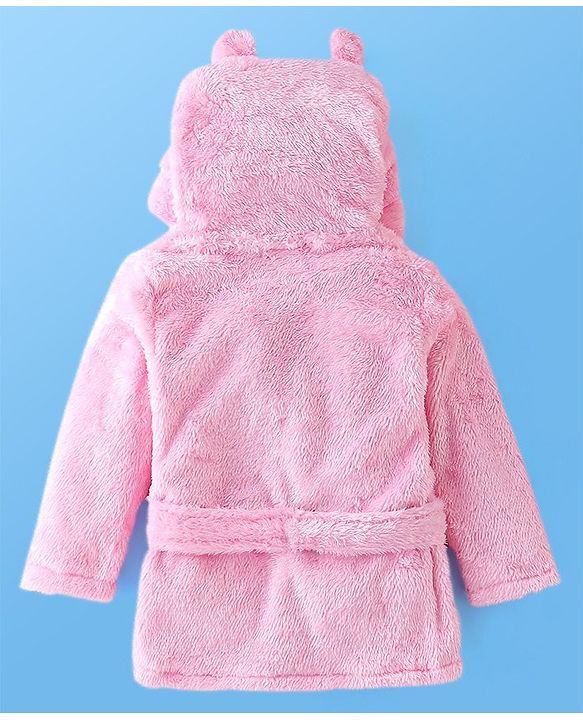 Babyhug Cotton Knit Full Sleeves Solid Color Velour Bath Robe with Hood - Pink