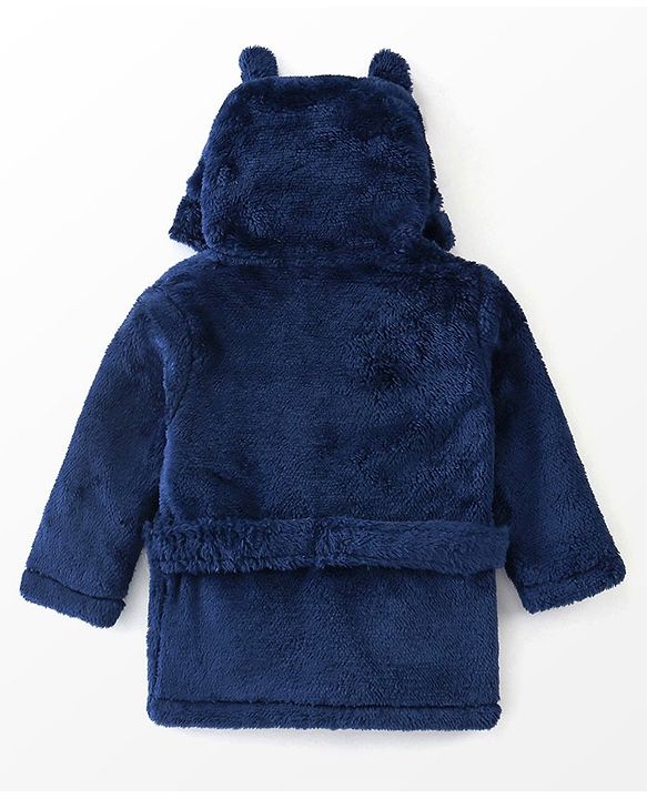 Babyhug Knit Full Sleeves Solid Color Velour Bath Robe with Hood - Navy Blue