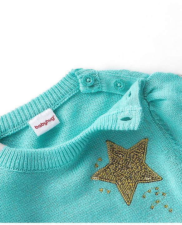 Babyhug Knit Full Sleeves Pullover with Sequin Detailing - Aqua Blue