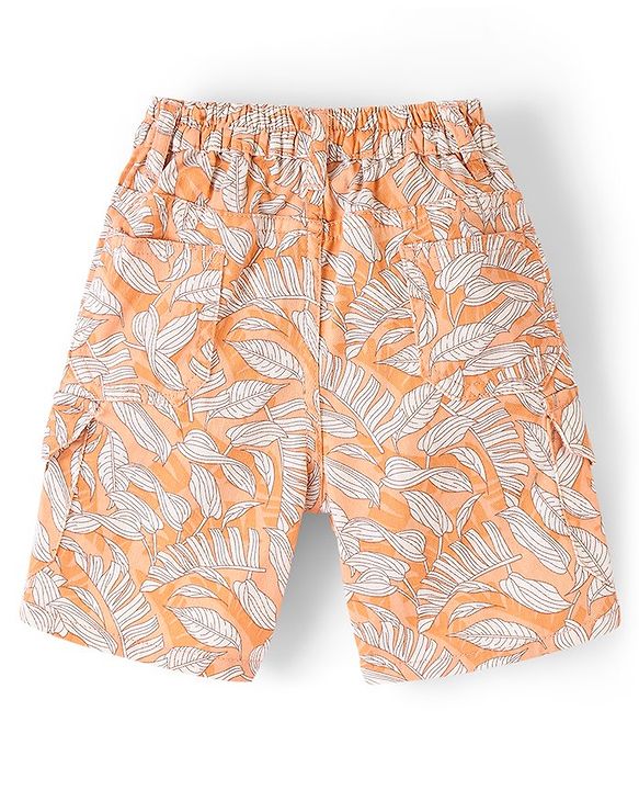 Babyhug Cotton Spandex Above Knee Length Bermuda Leaf Print- Orange