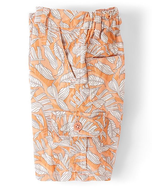 Babyhug Cotton Spandex Above Knee Length Bermuda Leaf Print- Orange