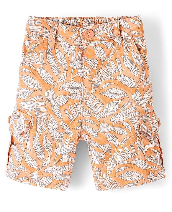 Babyhug Cotton Spandex Above Knee Length Bermuda Leaf Print- Orange