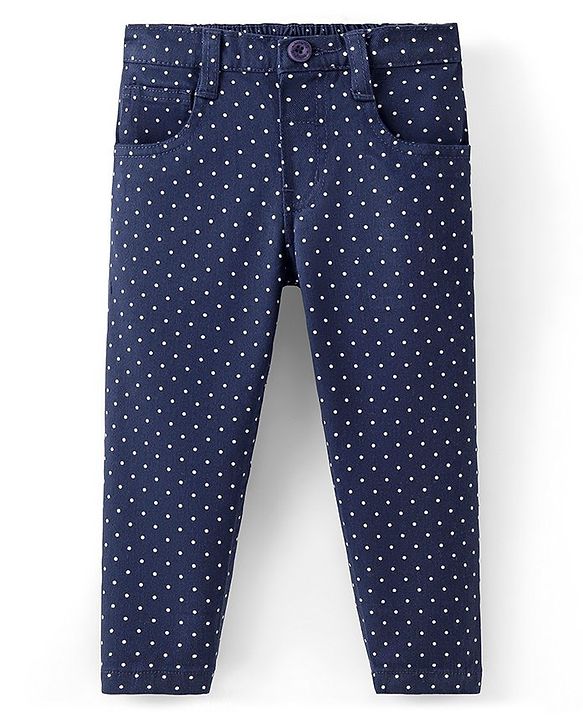 Babyhug Cotton Woven Full Length Trouser with Dot Print - Navy Blue