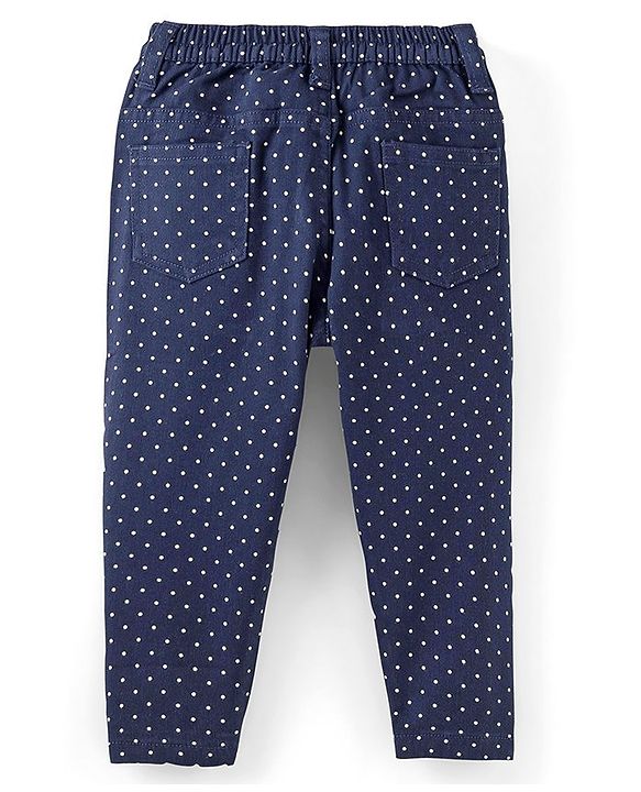 Babyhug Cotton Woven Full Length Trouser with Dot Print - Navy Blue