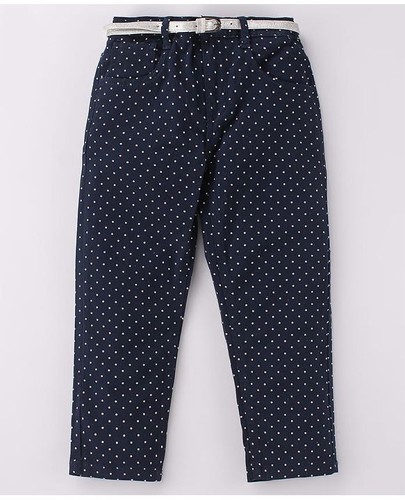 Babyhug Cotton Woven Full Length Trouser with Dot Print - Navy Blue