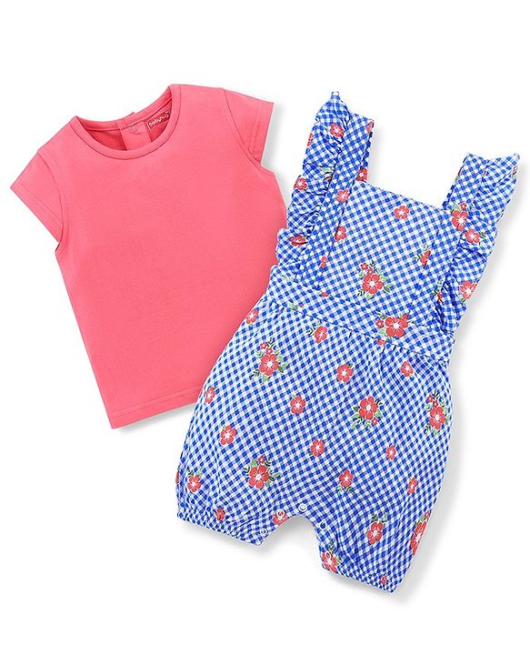 Babyhug Single Jersey Cotton Knit Checked Dungaree with Half Sleeves Tee Floral Print - Coral & Blue