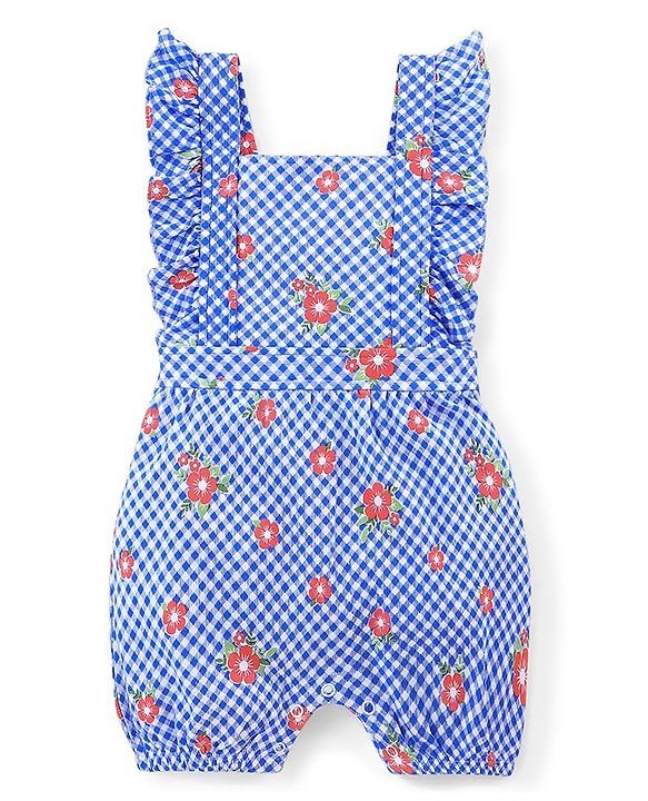 Babyhug Single Jersey Cotton Knit Checked Dungaree with Half Sleeves Tee Floral Print - Coral & Blue