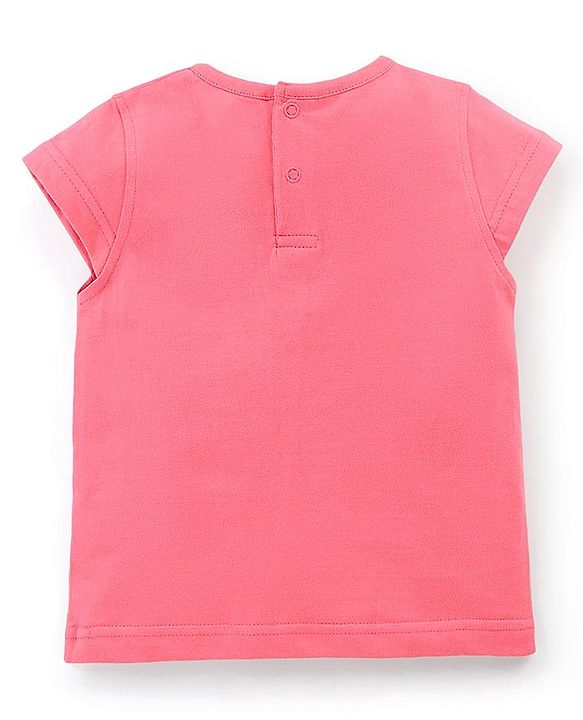 Babyhug Single Jersey Cotton Knit Checked Dungaree with Half Sleeves Tee Floral Print - Coral & Blue